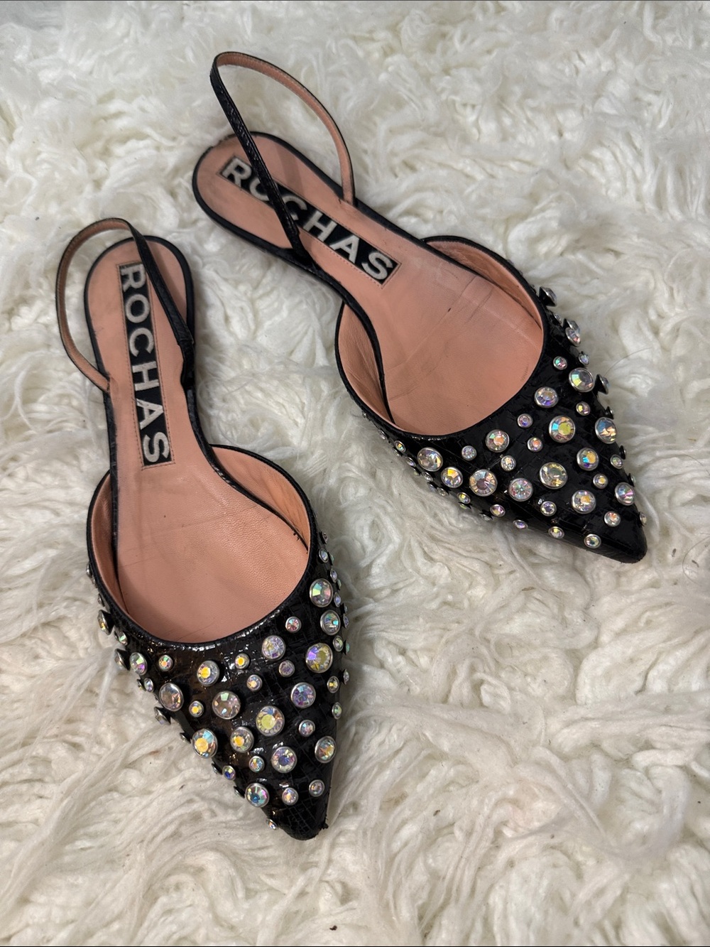 Rochas Black Pointed-Toe Slingback Flats with Iridescent Crystal Studs size 8